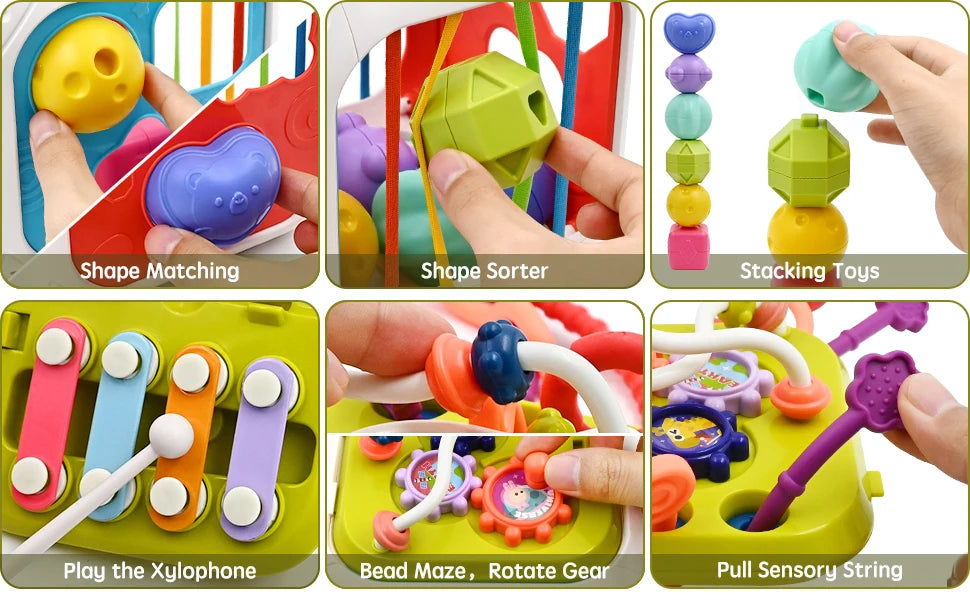 7-in-1 Montessori Baby Toys for 0-3 Years | Sensory Shape Sorter; Pull String Educational Game for Infants and Toddlers