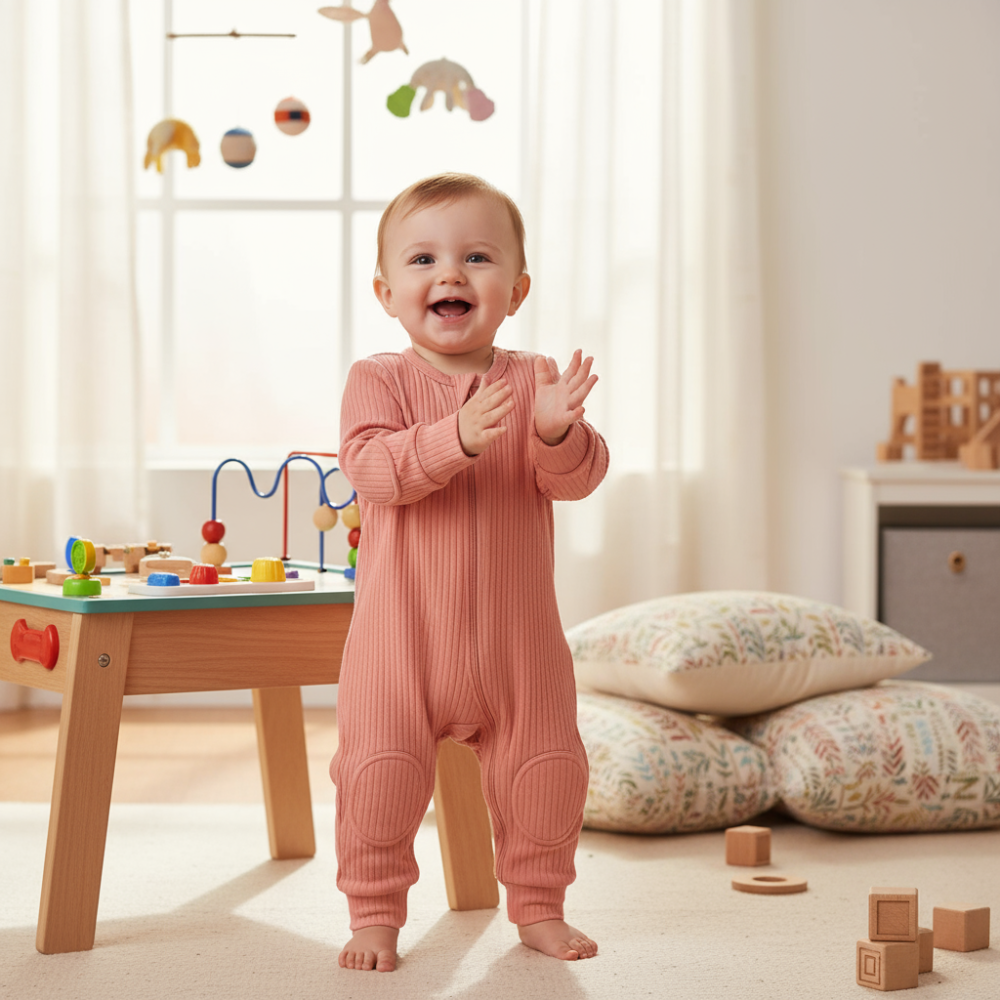 NurtureNauts® Padded Baby Romper for Crawling & Walking, 100% Cotton One-Piece with Elbow & Knee Pads, 2-Way Double Zipper, Tagless Comfort