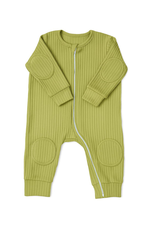 NurtureNauts Baby Romper Onesie – 100% Cotton, Double Zipper, Padded Knees & Elbows for Safety (Pastel Green, 12–18M)