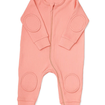 NurtureNauts Baby Romper Onesie – 100% Cotton, Double Zipper, Padded Knees & Elbows for Safety (Pastel Pink, 9-12M)