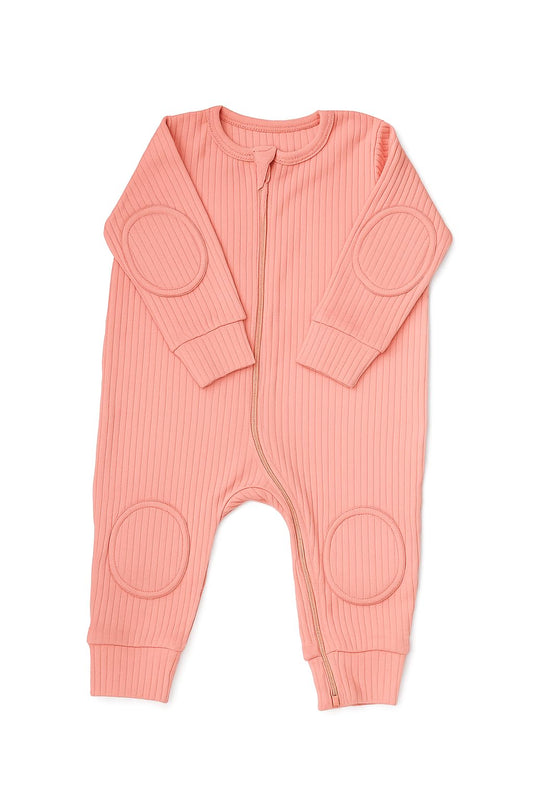 NurtureNauts Baby Romper Onesie – 100% Cotton, Double Zipper, Padded Knees & Elbows for Safety (Pastel Pink, 9-12M)