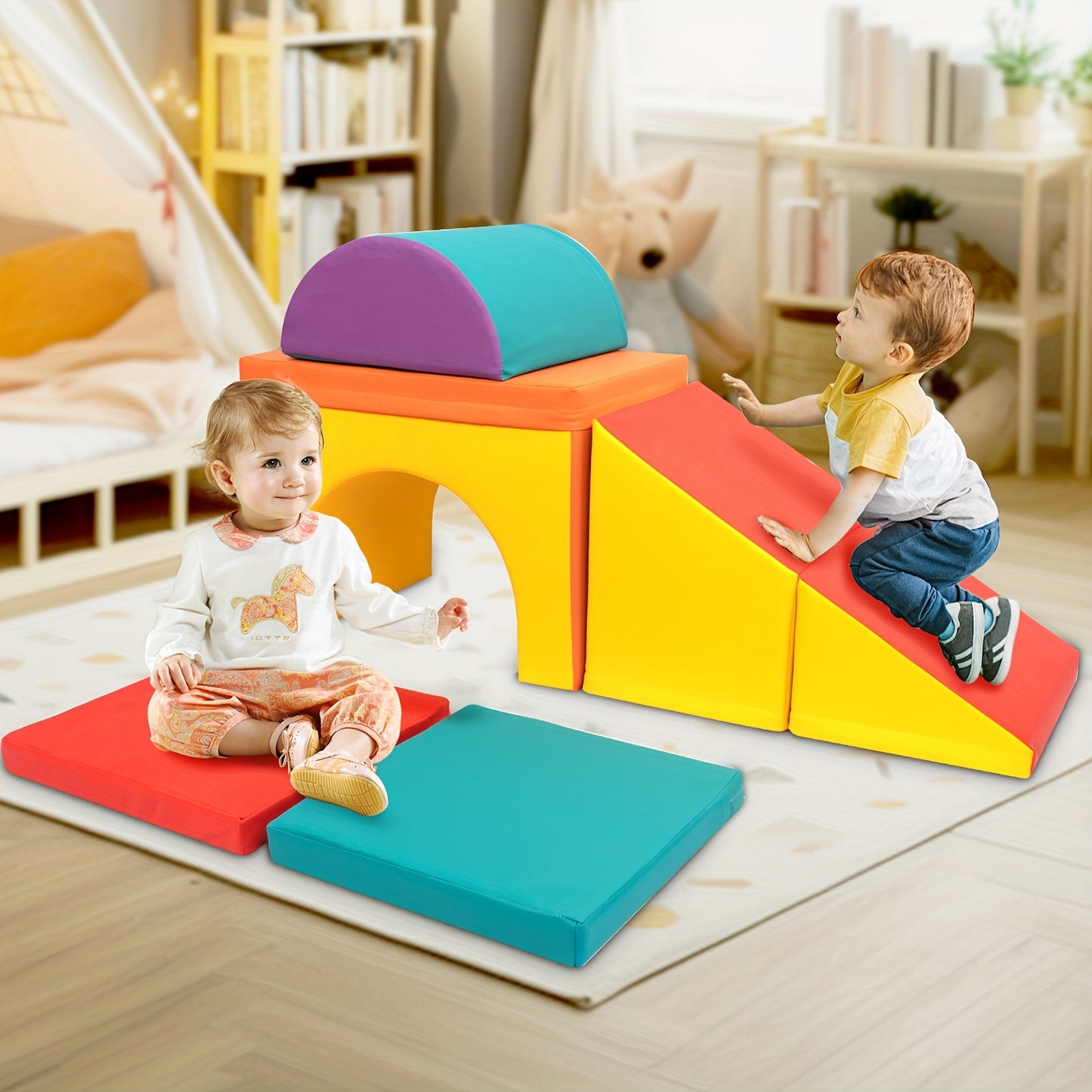 5-Piece Soft PU Leather Foam Climbing Blocks with Tunnel for Toddlers – Safe Indoor Play Set for Kids’ Rooms, Playrooms, Halloween,  Christmas Gifts