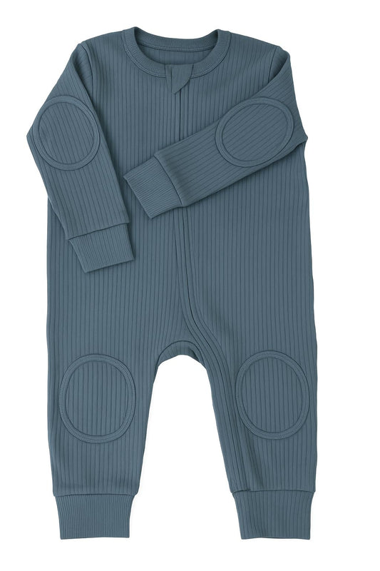 NurtureNauts Baby Romper Onesie – 100% Cotton, Double Zipper, Padded Knees & Elbows for Safety (Pastel Blue, 12–18M)