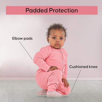 NurtureNauts Baby Romper Onesie – 100% Cotton, Double Zipper, Padded Knees & Elbows for Safety (Pastel Pink, 12–18M)