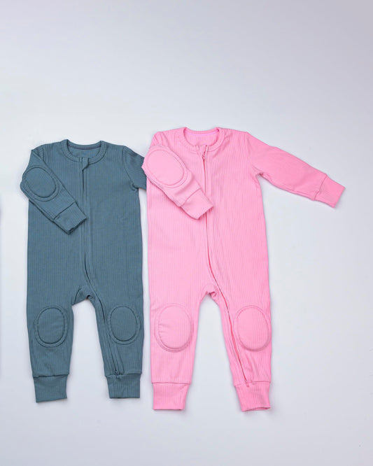 NurtureNauts Baby Romper Onesie – 100% Cotton, Double Zipper, Padded Knees & Elbows for Safety (Pastel Blue, 9-12M)
