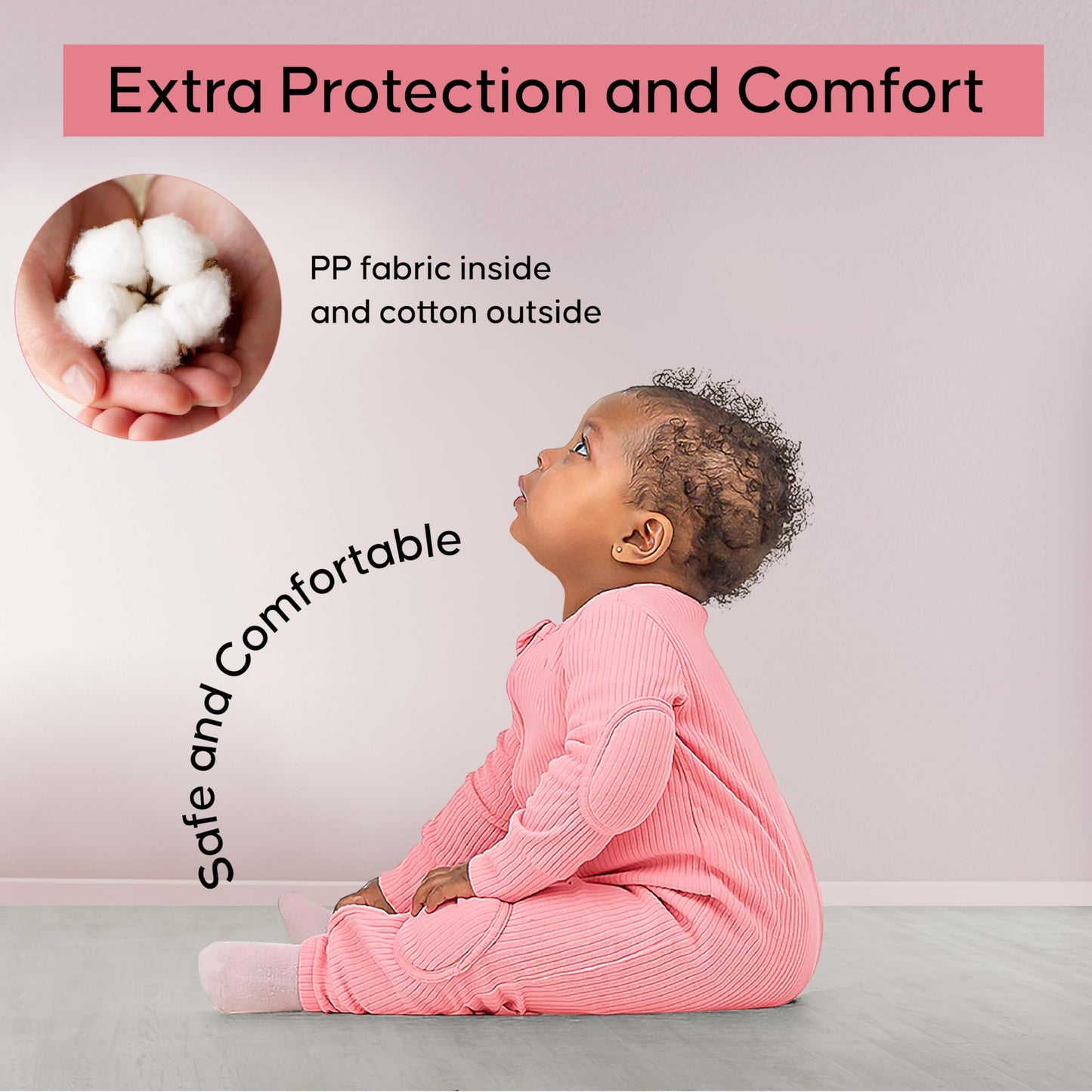 NurtureNauts Baby Romper Onesie – 100% Cotton, Double Zipper, Padded Knees & Elbows for Safety (Pastel Pink, 9-12M)