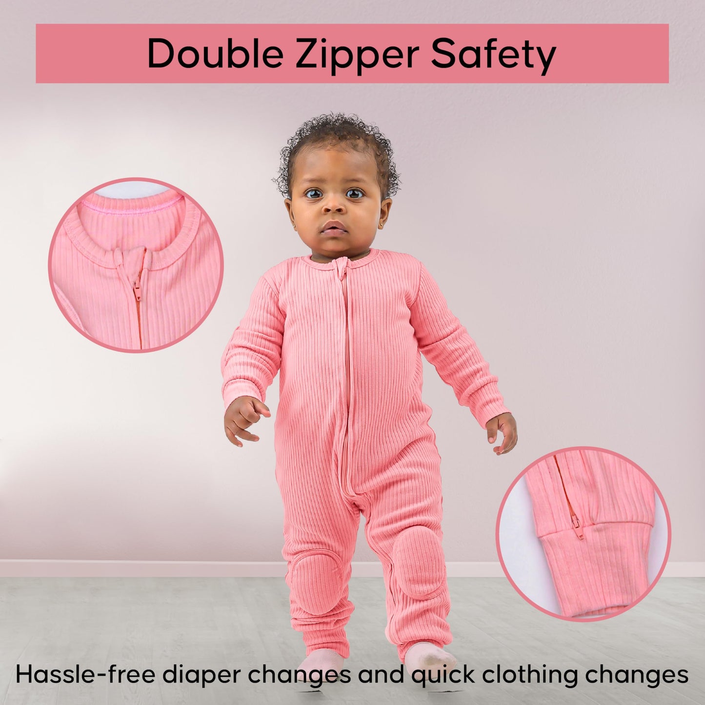 NurtureNauts Baby Romper Onesie – 100% Cotton, Double Zipper, Padded Knees & Elbows for Safety (Pastel Pink, 9-12M)