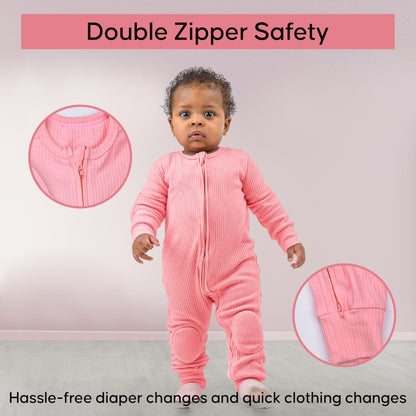 NurtureNauts Baby Romper Onesie – 100% Cotton, Double Zipper, Padded Knees & Elbows for Safety (Pastel Pink, 9-12M)
