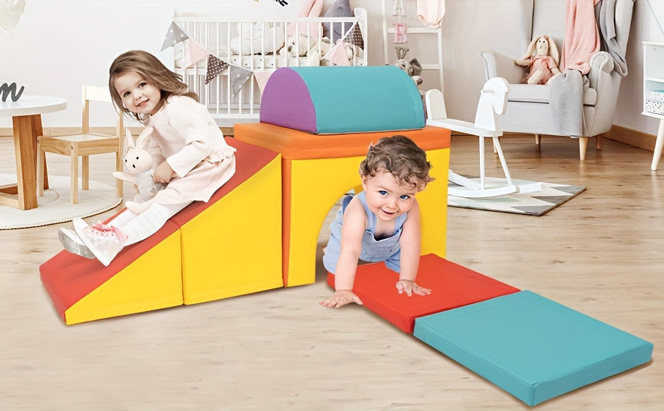 5-Piece Soft PU Leather Foam Climbing Blocks with Tunnel for Toddlers – Safe Indoor Play Set for Kids’ Rooms, Playrooms, Halloween,  Christmas Gifts