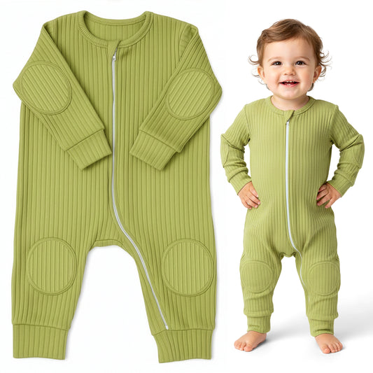 NurtureNauts® Padded Baby Romper, 100% Cotton, Elbow & Knee Pads, 2-Way Zipper, Tagless (Pastel Green, 9-12 Months)