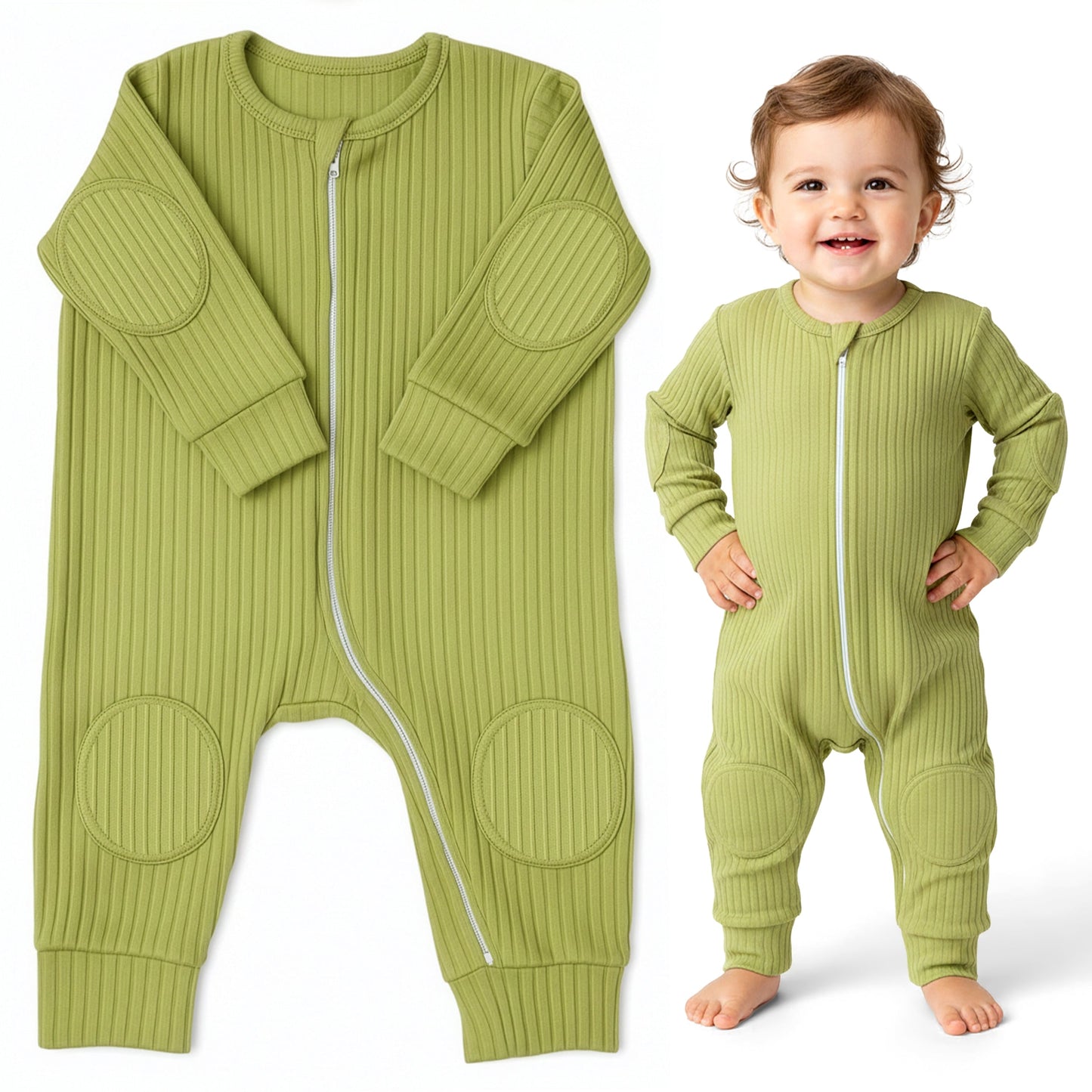 Pastel Green NurtureNauts padded baby romper with knee and elbow cushioning