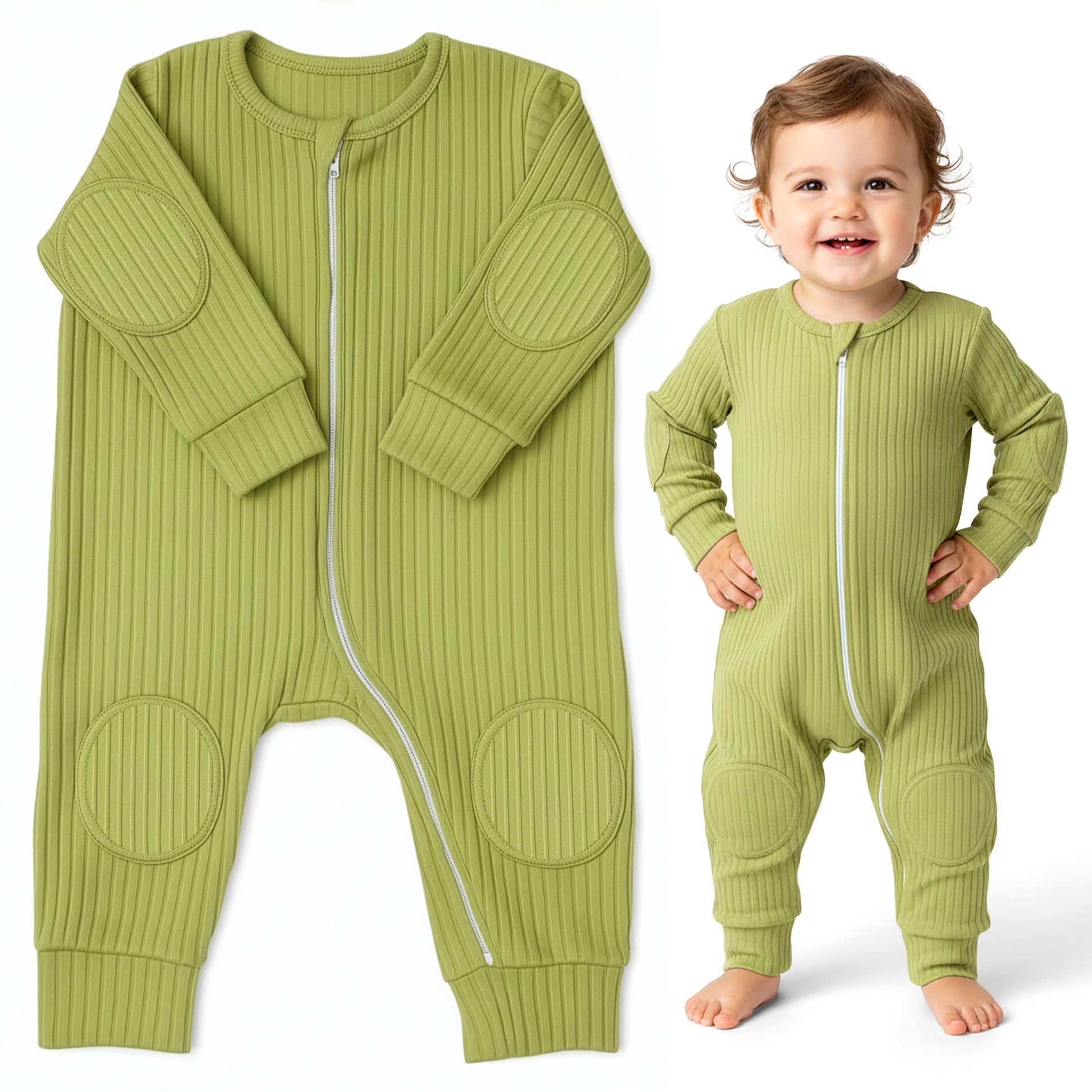 Pastel Green NurtureNauts padded baby romper with knee and elbow cushioning