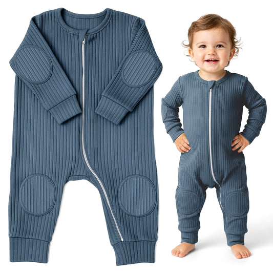 NurtureNauts® Padded Baby Romper, 100% Cotton, Elbow & Knee Pads, 2-Way Zipper, Tagless (Pastel Blue, 9-12 Months)
