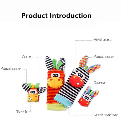 Animal-Themed Baby Socks with Wrist Strap – 4-Piece Set for Infants