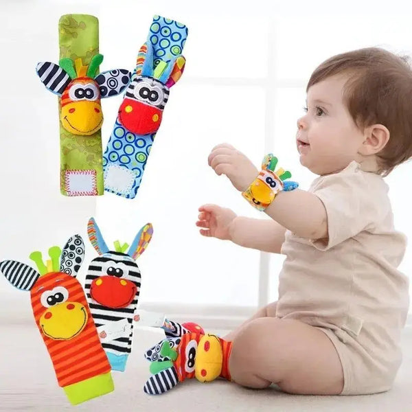 Animal-Themed Baby Socks with Wrist Strap – 4-Piece Set for Infants