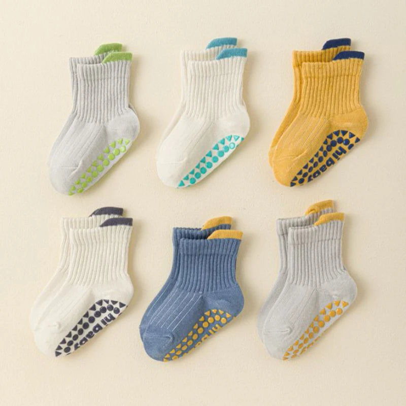 6 pairs of children's anti-slip socks, cute color-matching indoor floor socks, comfortable and breathable toddler walking socks,