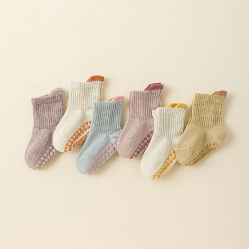 6 pairs of children's anti-slip socks, cute color-matching indoor floor socks, comfortable and breathable toddler walking socks,