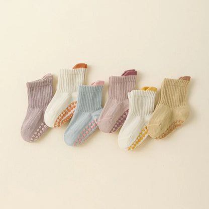 6 pairs of children's anti-slip socks, cute color-matching indoor floor socks, comfortable and breathable toddler walking socks,