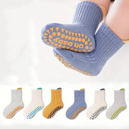 6 pairs of children's anti-slip socks, cute color-matching indoor floor socks, comfortable and breathable toddler walking socks,