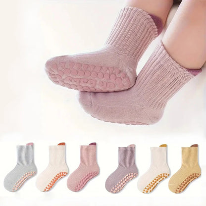 6 pairs of children's anti-slip socks, cute color-matching indoor floor socks, comfortable and breathable toddler walking socks,