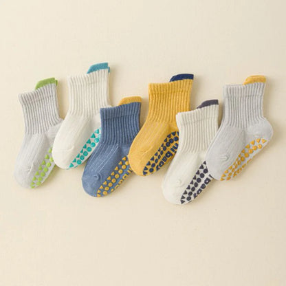 6 pairs of children's anti-slip socks, cute color-matching indoor floor socks, comfortable and breathable toddler walking socks,
