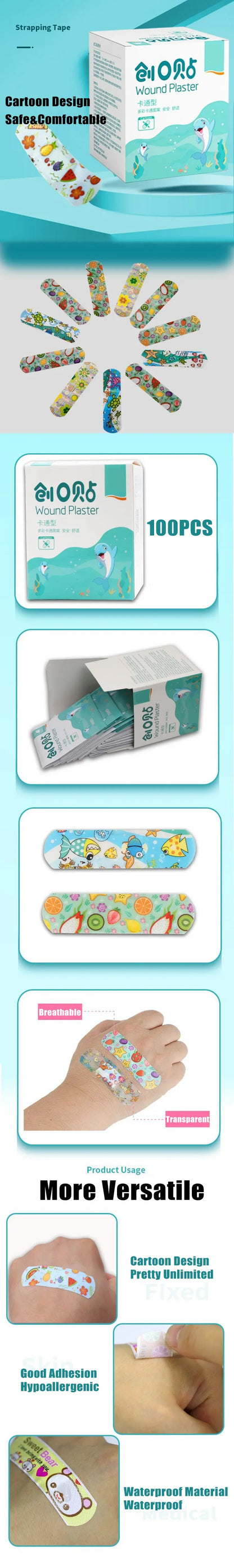 Kids Cute Cartoon Bandages Flexible Adhesive Animal Fruit and Happy Strips