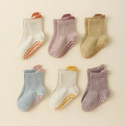 6 pairs of children's anti-slip socks, cute color-matching indoor floor socks, comfortable and breathable toddler walking socks,