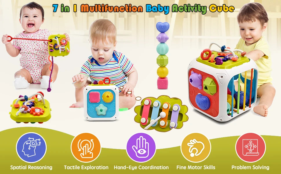 7-in-1 Montessori Baby Toys for 0-3 Years | Sensory Shape Sorter; Pull String Educational Game for Infants and Toddlers