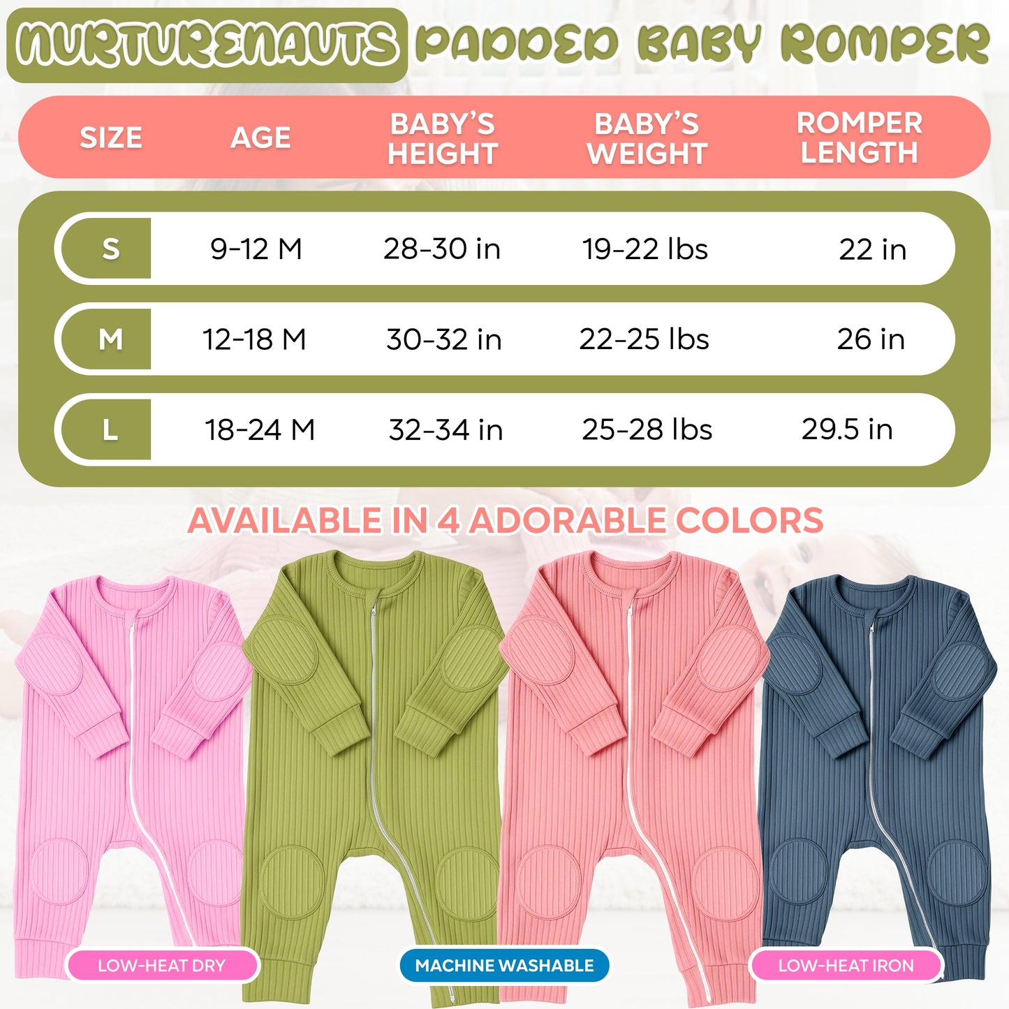NurtureNauts® Padded Baby Romper, 100% Cotton, Elbow & Knee Pads, 2-Way Zipper for Crawling & Walking 18-24M