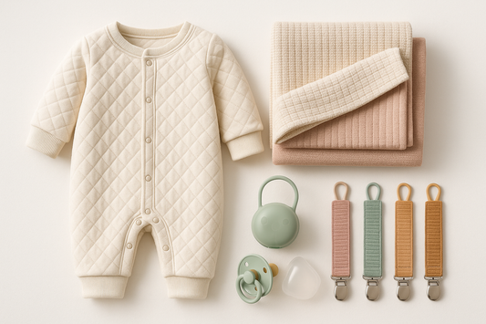 Bundle Description:&nbsp;"Everything new parents need in one complete kit! Includes a premium cotton romper with safety padding, cozy thermal blanket set, safe silicone pacifier with storage, and 3 pacifier clips to keep everything secure."