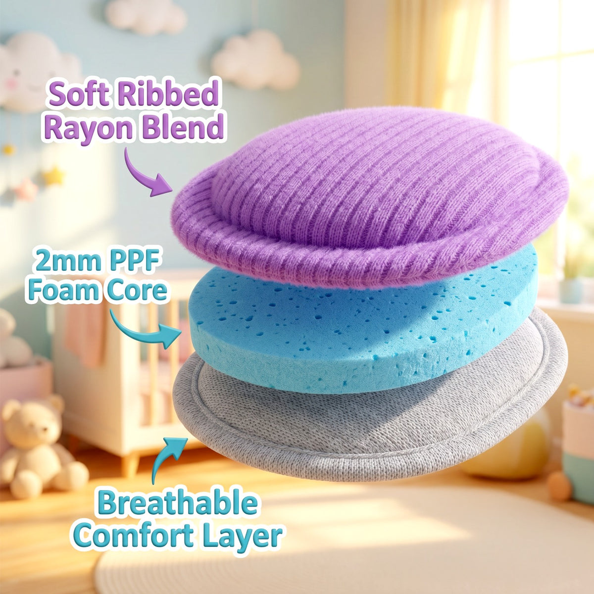 NurtureNauts padded baby romper layer breakdown showing soft ribbed rayon blend, 2mm PPF foam core, and breathable comfort layer.