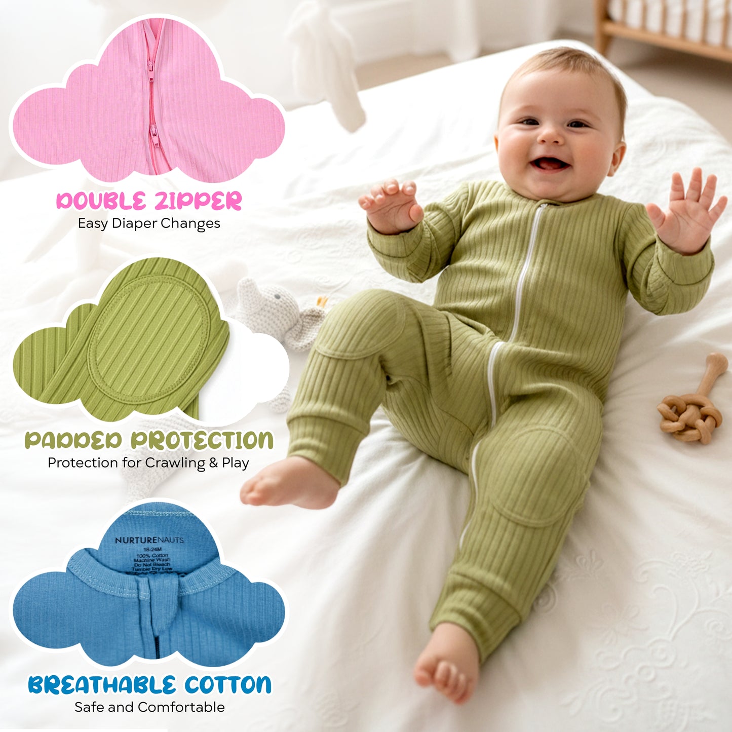 NurtureNauts® Padded Baby Romper, 100% Cotton, Elbow & Knee Pads, 2-Way Zipper for Crawling & Walking 18-24M