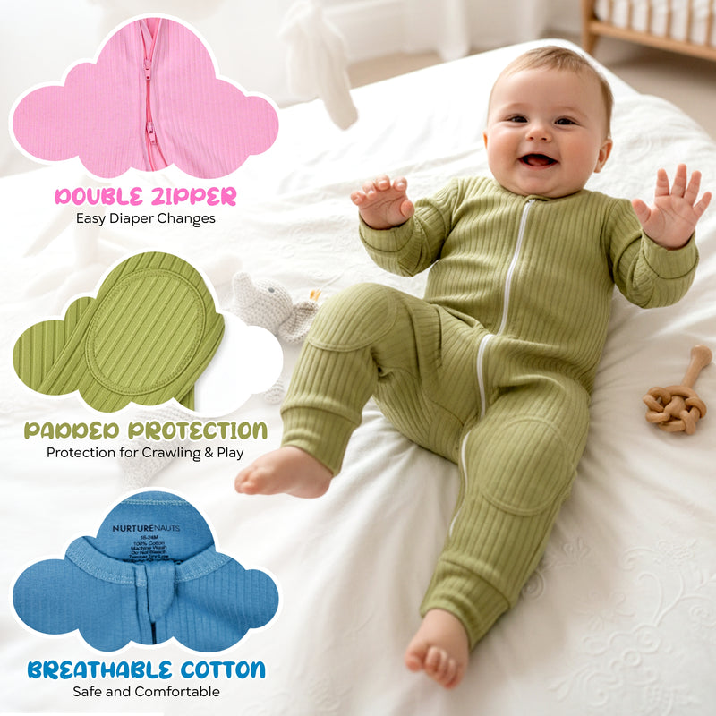 NurtureNauts® Padded Baby Romper, 100% Cotton, Elbow & Knee Pads, 2-Way Zipper, Tagless (Pastel Green, 9-12 Months)