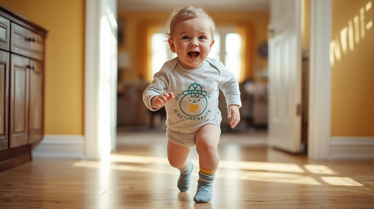 Baby walking in a home setting with wooden floors and yellow walls